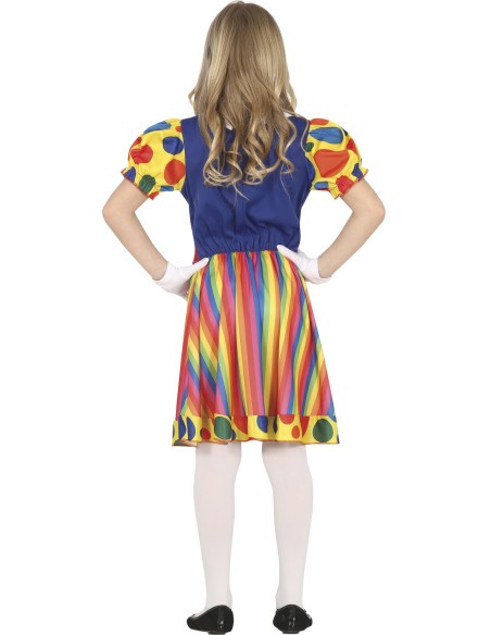 Costume clown bambina multicolore con vestito arcobaleno e maniche a pois per feste di Carnevale