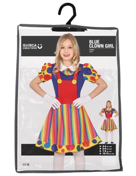 Costume clown bambina multicolore con vestito arcobaleno e maniche a pois per feste di Carnevale
