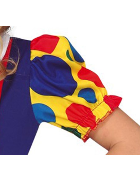 Costume clown bambina multicolore con vestito arcobaleno e maniche a pois per feste di Carnevale