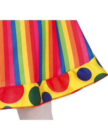 Costume clown bambina multicolore con vestito arcobaleno e maniche a pois per feste di Carnevale