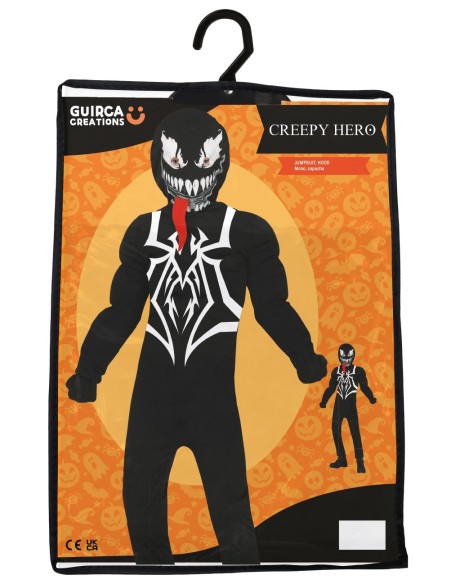 Costume Venom bambino nero con simbolo ragno bianco e maschera con denti per Halloween