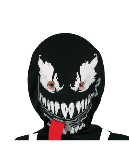 Costume Venom bambino nero con simbolo ragno bianco e maschera con denti per Halloween