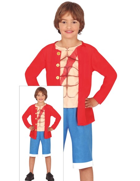 Costume Rufy One Piece bambino con gilet rosso, maglia beige e pantaloncini blu per cosplay