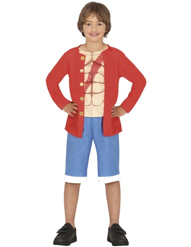 Costume Rufy One Piece bambino con gilet rosso, maglia beige e pantaloncini blu per cosplay