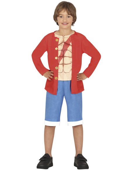 Costume Rufy One Piece bambino con gilet rosso, maglia beige e pantaloncini blu per cosplay