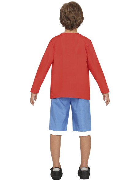 Costume Rufy One Piece bambino con gilet rosso, maglia beige e pantaloncini blu per cosplay