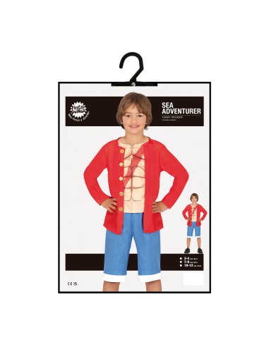Costume Rufy One Piece bambino con gilet rosso, maglia beige e pantaloncini blu per cosplay