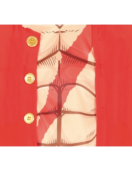 Costume Rufy One Piece bambino con gilet rosso, maglia beige e pantaloncini blu per cosplay