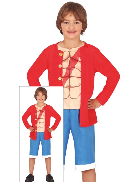 Costume Rufy One Piece bambino con cardigan rosso e pantaloni blu per Carnevale cosplay