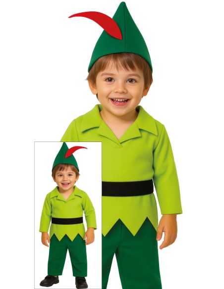 Costume Peter Pan bambino con tunica verde, cappello con piuma rossa e cintura nera per feste a tema