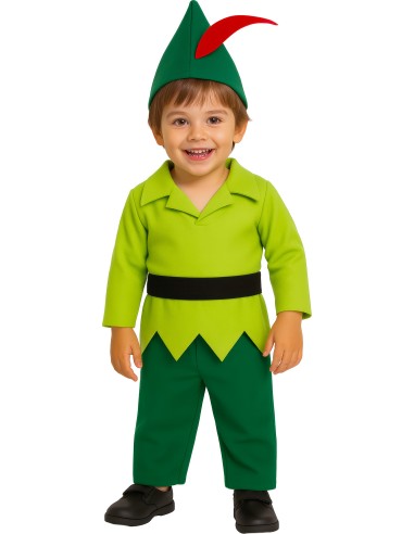 Costume Peter Pan bambino con tunica verde, cappello con piuma rossa e cintura nera per feste a tema