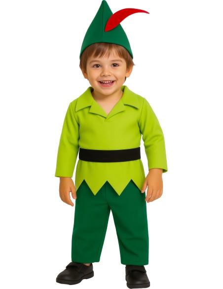 Costume Peter Pan bambino con tunica verde, cappello con piuma rossa e cintura nera per feste a tema
