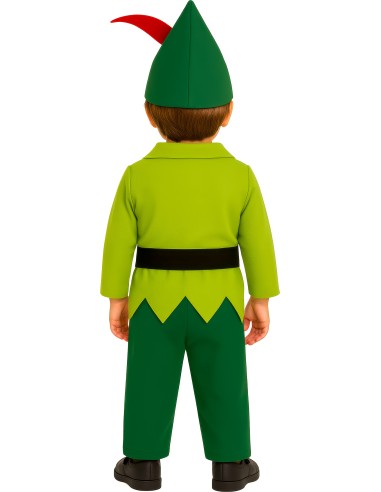 Costume Peter Pan bambino con tunica verde, cappello con piuma rossa e cintura nera per feste a tema