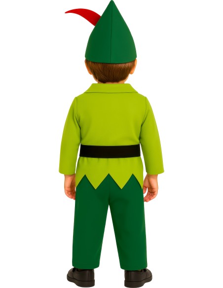 Costume Peter Pan bambino con tunica verde, cappello con piuma rossa e cintura nera per feste a tema