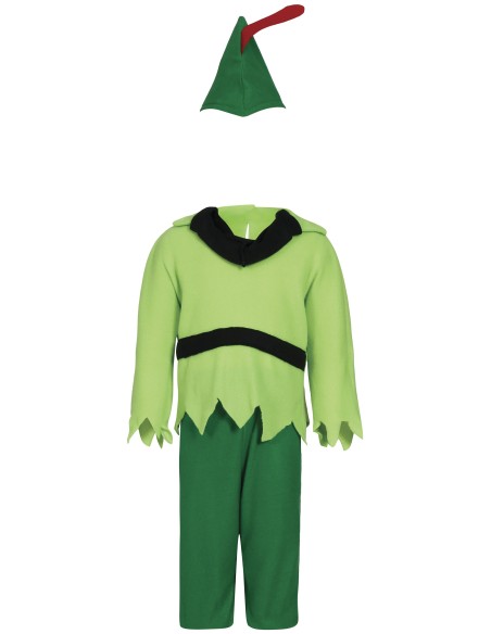 Costume Peter Pan bambino con tunica verde, cappello con piuma rossa e cintura nera per feste a tema