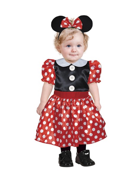 Costume Minnie Mouse bambina con vestito rosso a pois e cerchietto orecchie per feste Disney