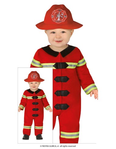 Costume da pompiere rosso per bambino con cappello, tuta con strisce catarifrangenti e bottoni neri