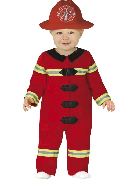 Costume da pompiere rosso per bambino con cappello, tuta con strisce catarifrangenti e bottoni neri