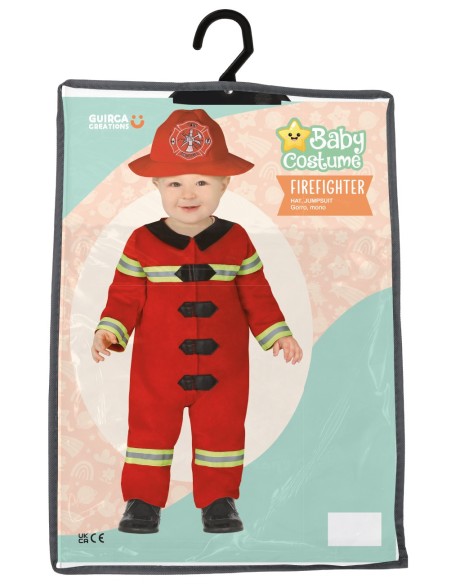 Costume da pompiere rosso per bambino con cappello, tuta con strisce catarifrangenti e bottoni neri