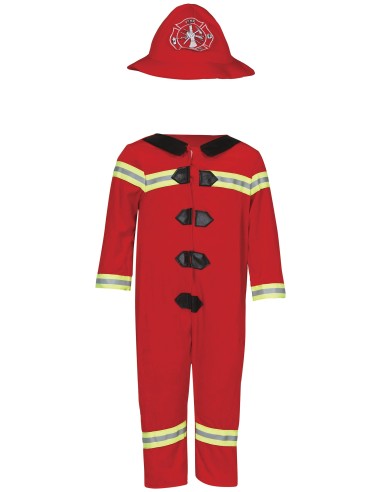 Costume da pompiere rosso per bambino con cappello, tuta con strisce catarifrangenti e bottoni neri