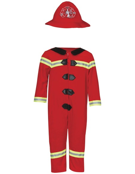 Costume da pompiere rosso per bambino con cappello, tuta con strisce catarifrangenti e bottoni neri