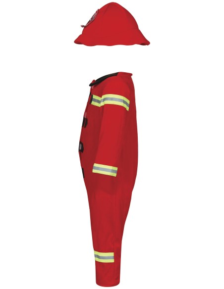 Costume da pompiere rosso per bambino con cappello, tuta con strisce catarifrangenti e bottoni neri