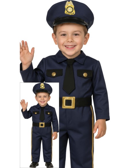 Bambino indossa costume poliziotto blu con cappello distintivo e divisa completa per Carnevale