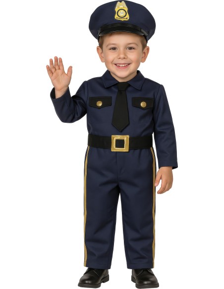 Bambino indossa costume poliziotto blu con cappello distintivo e divisa completa per Carnevale