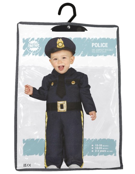 Bambino indossa costume poliziotto blu con cappello distintivo e divisa completa per Carnevale