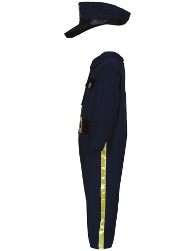 Bambino indossa costume poliziotto blu con cappello distintivo e divisa completa per Carnevale