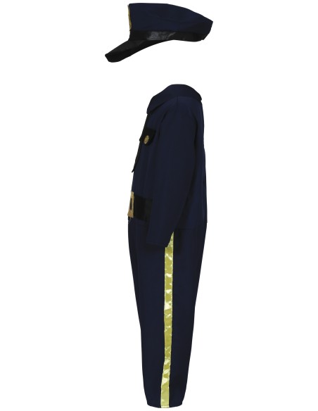 Bambino indossa costume poliziotto blu con cappello distintivo e divisa completa per Carnevale