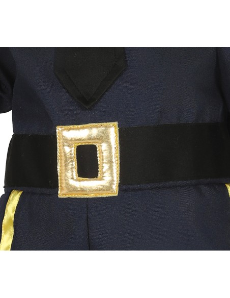 Bambino indossa costume poliziotto blu con cappello distintivo e divisa completa per Carnevale