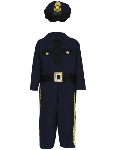 Bambino indossa costume poliziotto blu con cappello distintivo e divisa completa per Carnevale