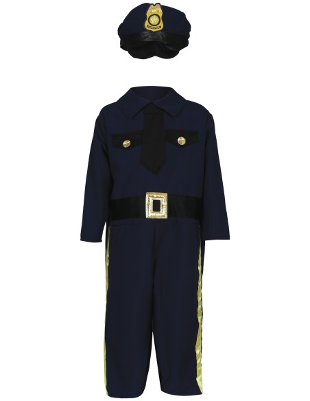 Bambino indossa costume poliziotto blu con cappello distintivo e divisa completa per Carnevale