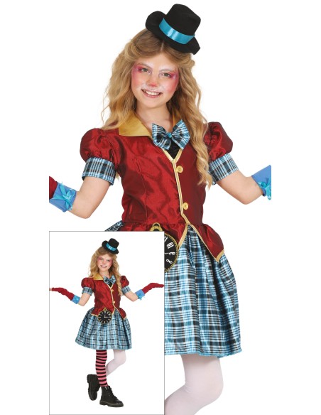 Costume Cappellaio Matto bambina con vestito rosso, gonna quadri e cappello nero per Carnevale