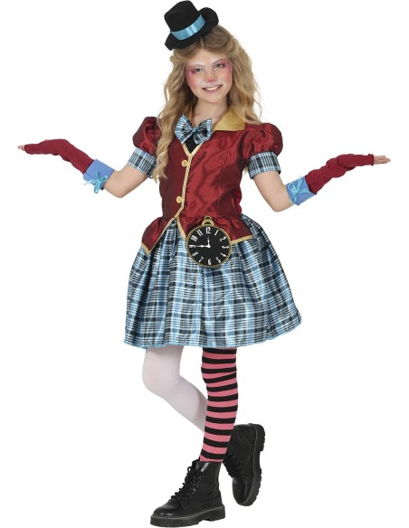 Costume Mad Hatter bambina con vestito azzurro, gilet rosso e cappello nero per Carnevale