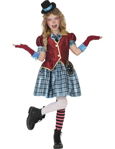 Costume Mad Hatter bambina con vestito azzurro, gilet rosso e cappello nero per Carnevale