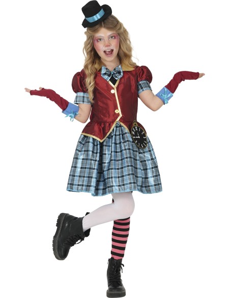 Costume Mad Hatter bambina con vestito azzurro, gilet rosso e cappello nero per Carnevale