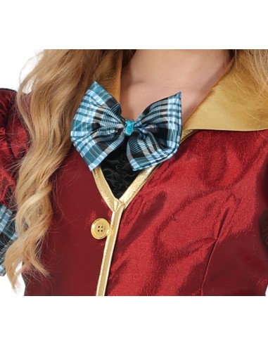 Costume Mad Hatter bambina con vestito azzurro, gilet rosso e cappello nero per Carnevale