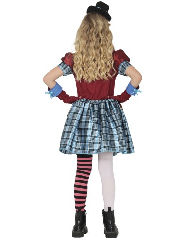 Costume Mad Hatter bambina con vestito rosso tartan blu e cappello cilindro per Carnevale Alice nel Paese Meraviglie