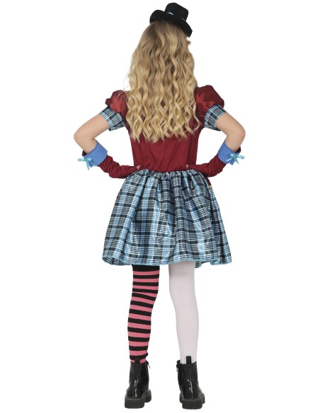 Costume Mad Hatter bambina con vestito rosso tartan blu e cappello cilindro per Carnevale Alice nel Paese Meraviglie