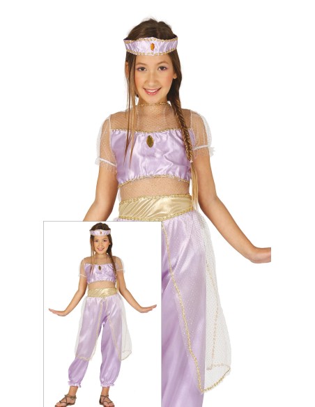 Costume principessa del deserto bambina viola oro con top pantaloni e fascia capelli