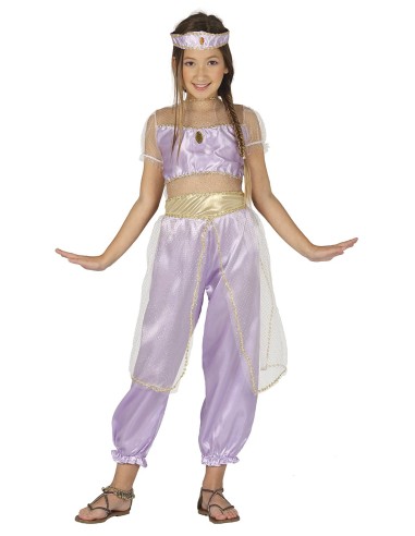 Costume principessa del deserto bambina viola oro con top pantaloni e fascia capelli