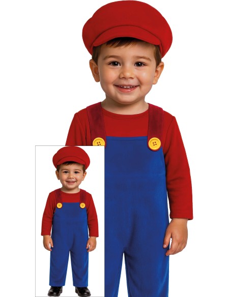 Costume Super Mario bambino con tuta blu, camicia rossa e berretto rosso per feste a tema