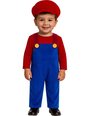 Costume Super Mario bambino con tuta blu, camicia rossa e berretto rosso per feste a tema