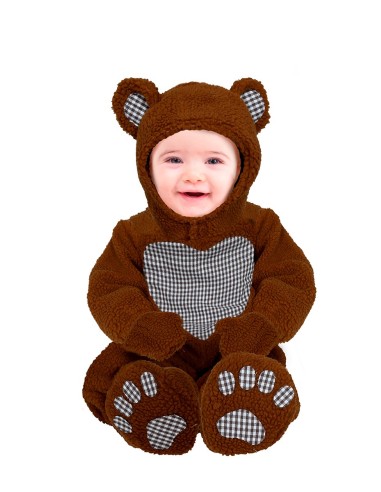 Costume orsacchiotto baby marrone con cappuccio orecchie e dettagli quadretti per bambini 12-18 mesi