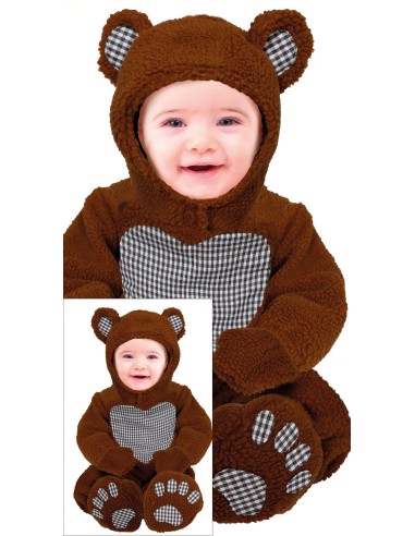 Costume orsacchiotto marrone baby con cappuccio orecchie e tutina quadretti per bambini 18-24 mesi