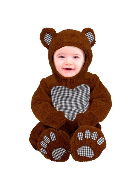 Costume orsacchiotto marrone baby con cappuccio orecchie e tutina quadretti per bambini 18-24 mesi