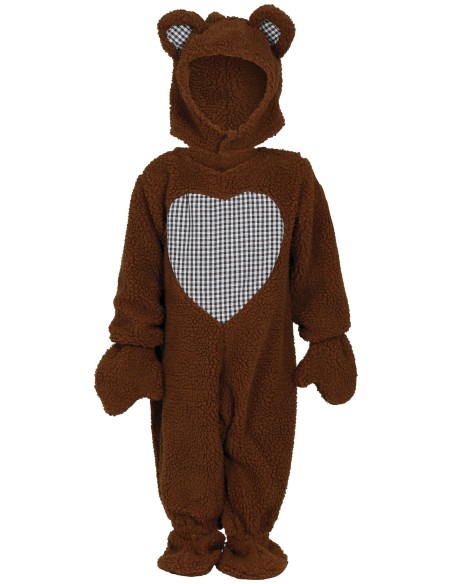 Costume orsacchiotto marrone baby con cappuccio orecchie e tutina quadretti per bambini 18-24 mesi