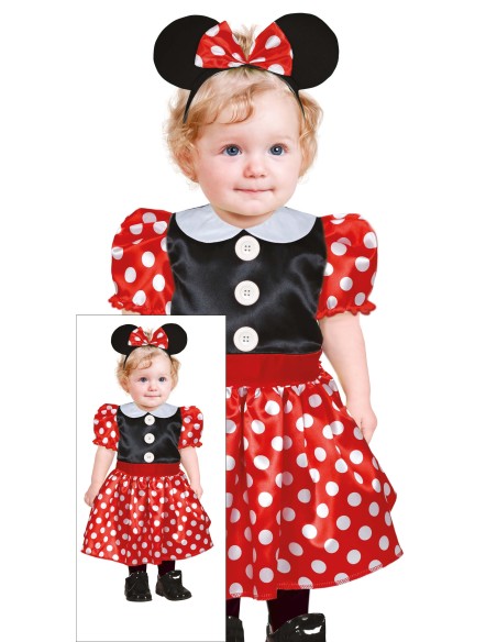 Costume baby Minnie Mouse rosso e nero con orecchie, gonna a pois e colletto bianco per bambina piccola